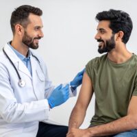 A doctor giving a man vaccines to prevent winter illness